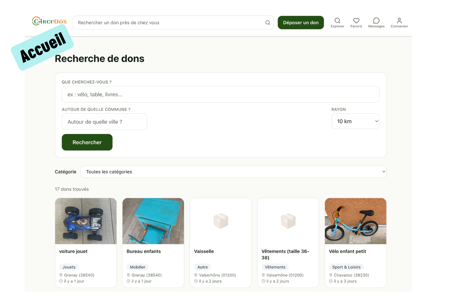 Écran d'accueil et de recherche d'objets sur la plateforme Circudon.