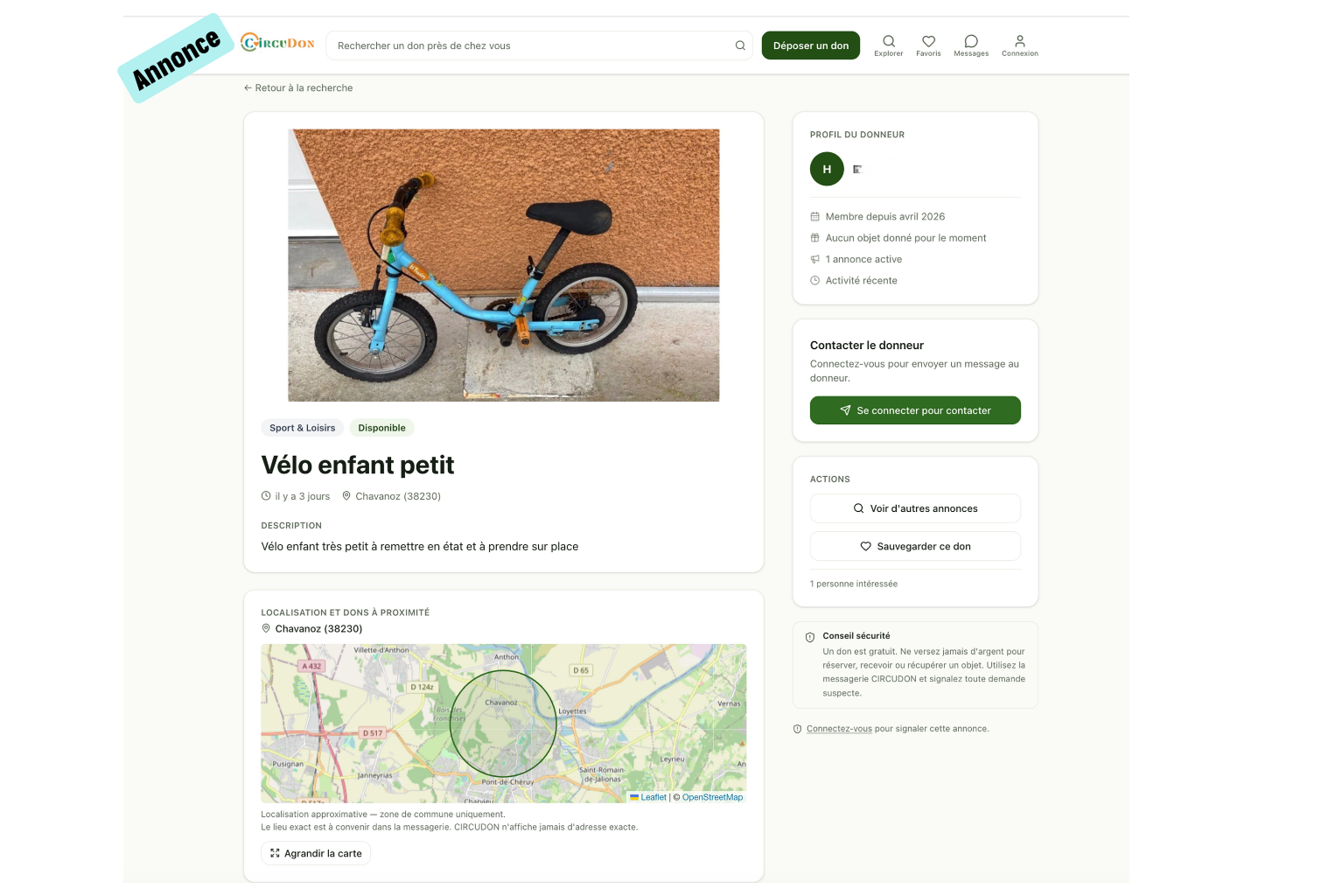 Écran d'une fiche annonce détaillée sur la plateforme Circudon.