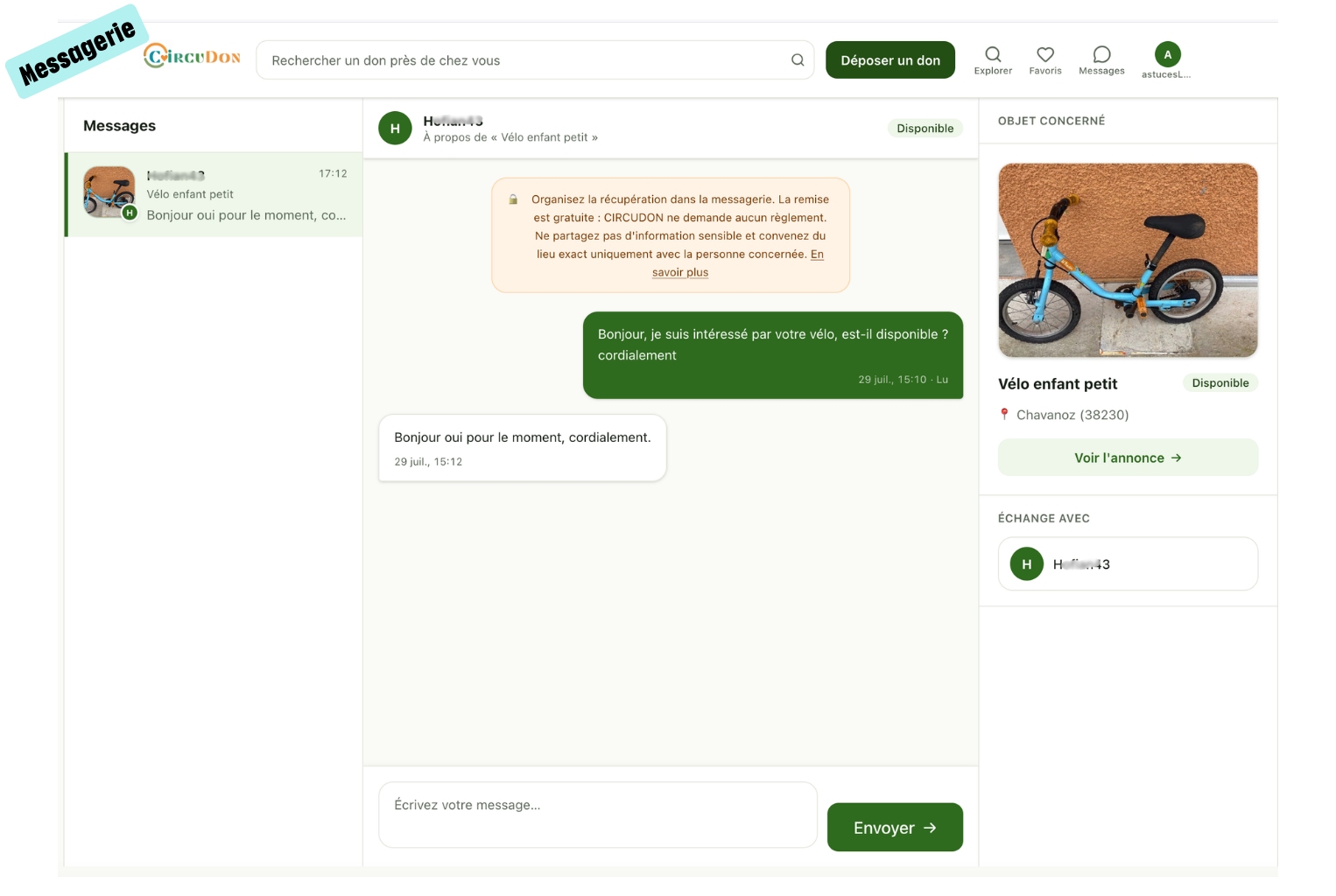 Écran de messagerie et de réservation sur la plateforme Circudon.