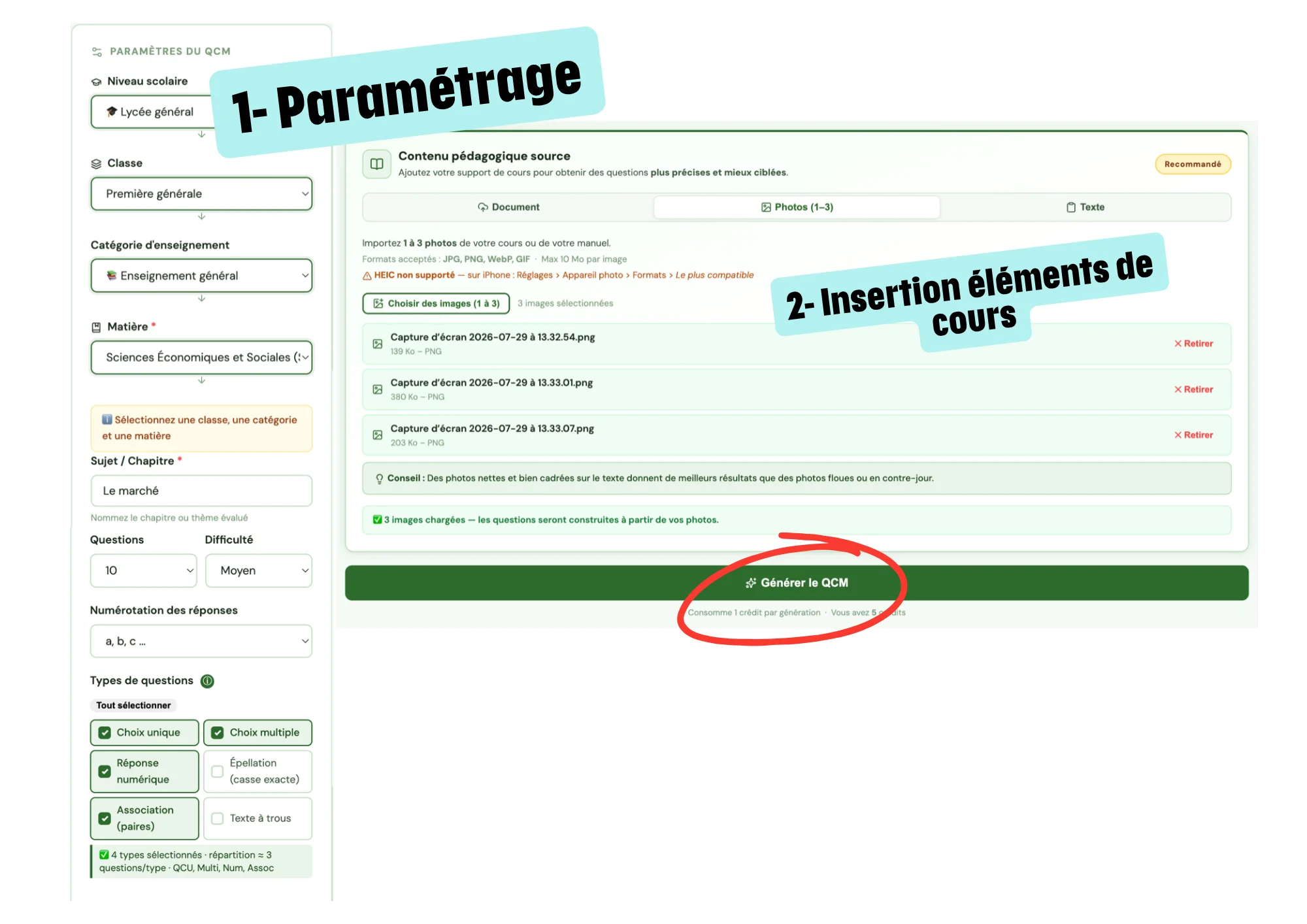 Écran de génération assistée d'un QCM dans Qnoteo, à partir du contexte pédagogique renseigné.
